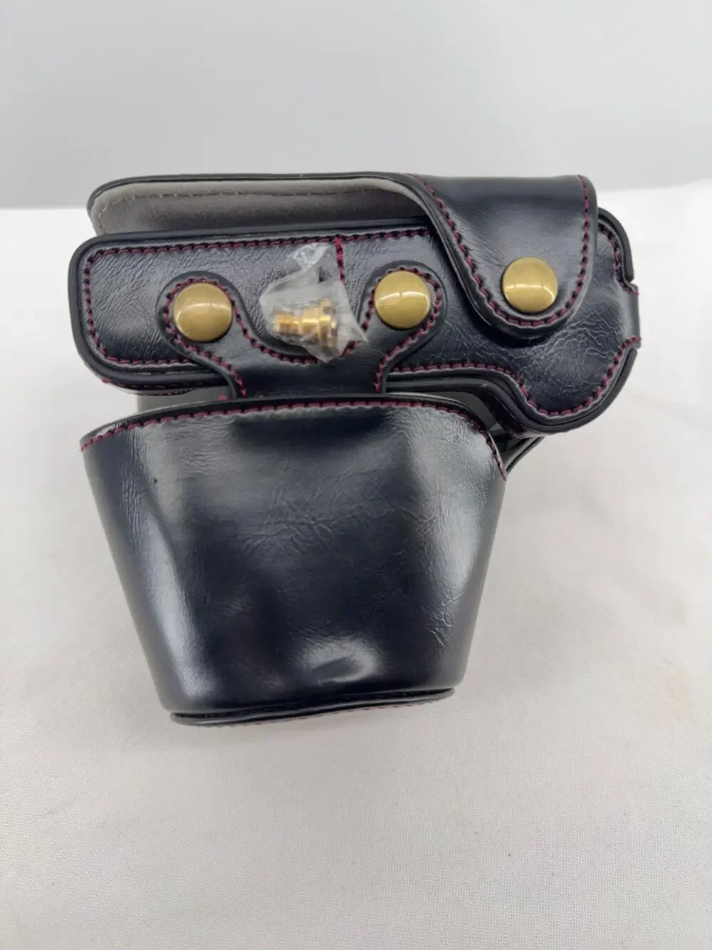 Vintage Camera Case Leather Belt Holster Black Red Stitch Snap Pouch